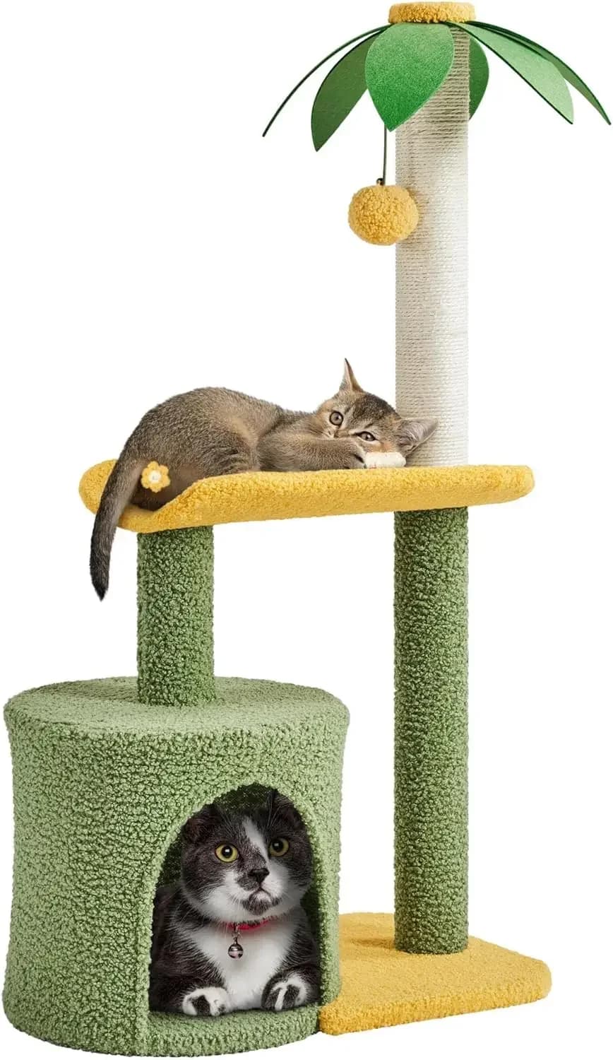 37in Cat Tree for Indoor Cats, Coconut Palm Design with Green Leaves, Scratching Post, Large Condo, Bending Perch, Green/Yellow