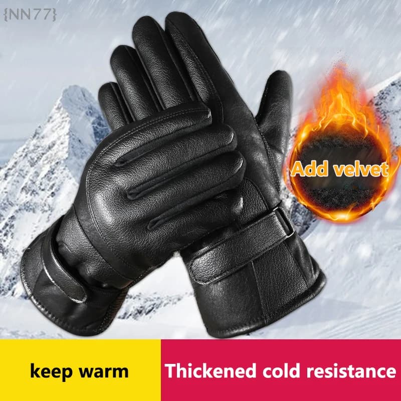 Men winter touch - Leather gloves for screen - Warm, windproof and anti-slip for bikers 1 pair