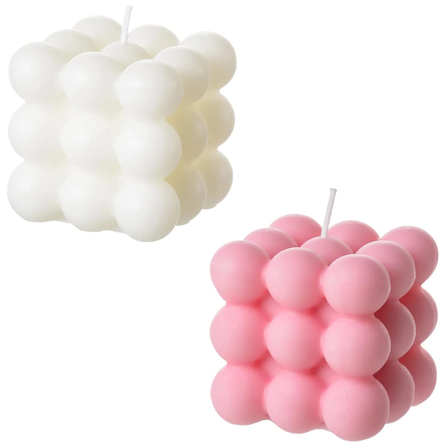 2 Pezzi Candela Bianca Rosa a Bolle - Candele Cubo di Cera di Soia, Candela Decorazioni per la Casa, Candela Profumata, Uso Domestico e Regalo (Bianco+Rosa)