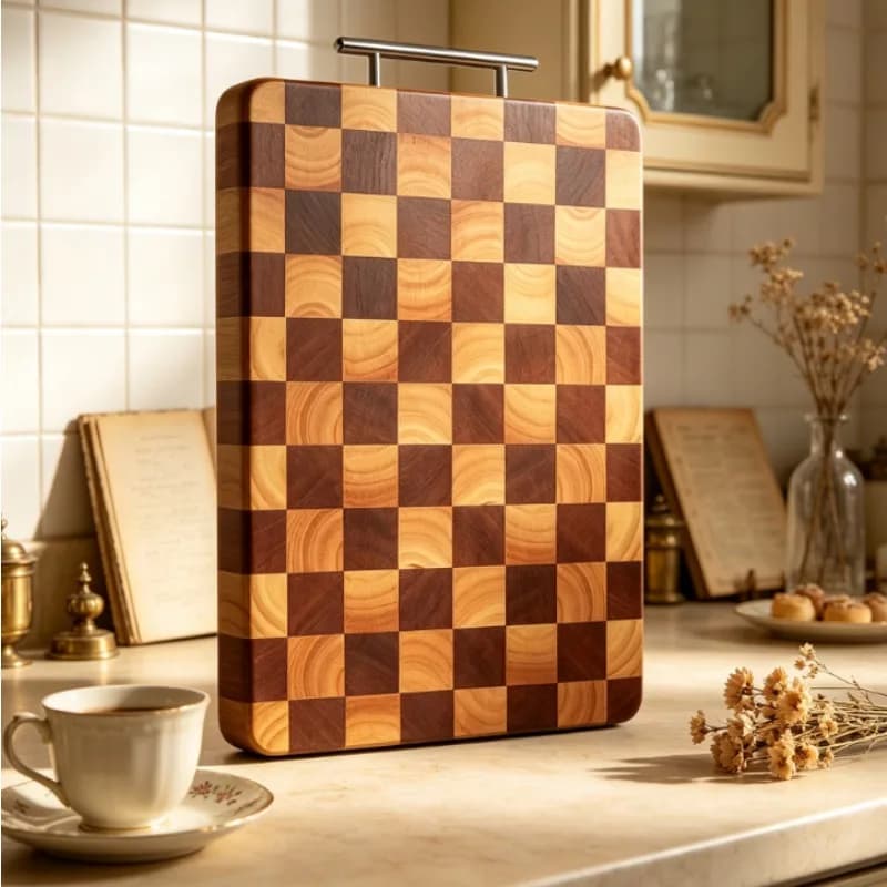 Premium Cutting Board Solid Rubberwood Checkerboard Pattern, Sturdy Chopping Block, Anti-Corrosion Durable Home Kitchen