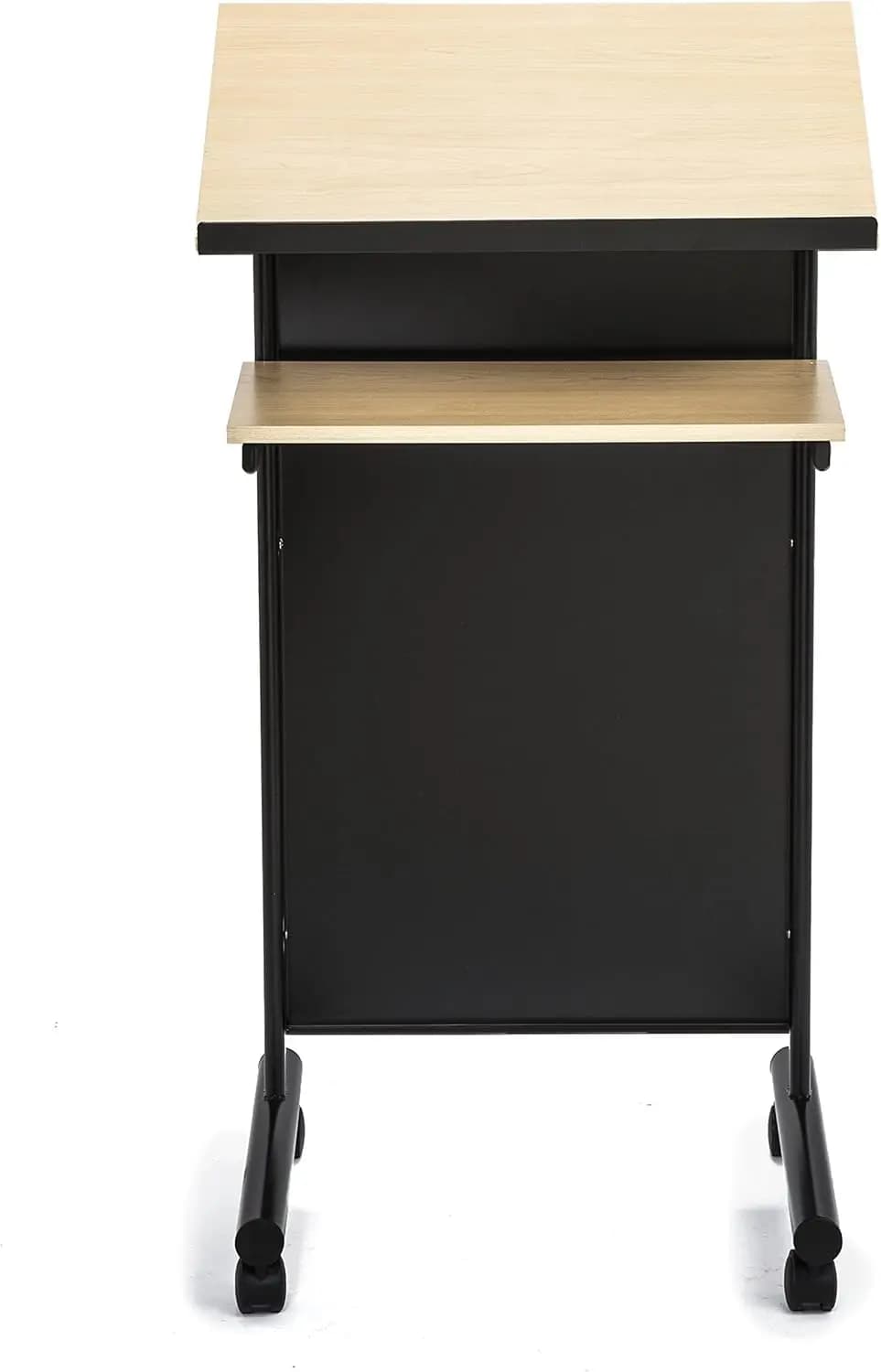 Leggio con ruote - Scrivania in piedi con ripiano portaoggetti - Faggio/Nero - Ideale per presentazioni e uso su laptop