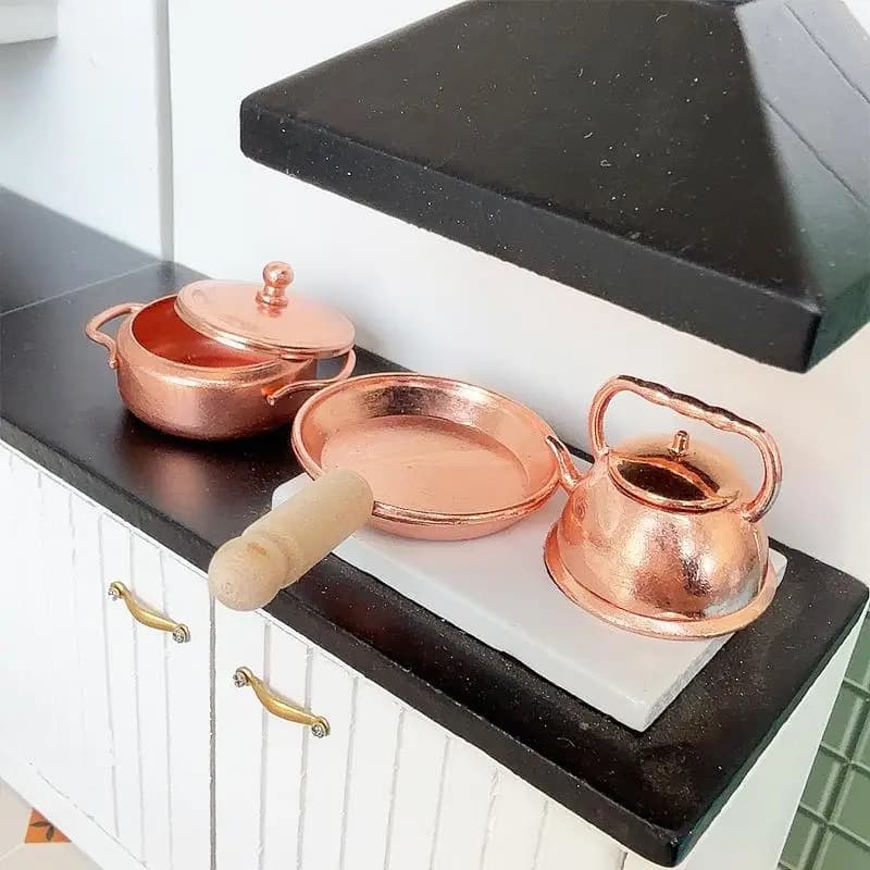 Set of pots and home accessories for dolls 1/12: pan, pot for soup, kettle - Decoration for kitchen and doll life scene