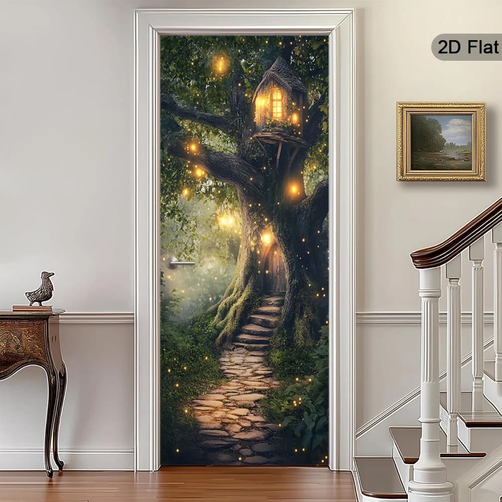 1 paio di adesivi luminosi per porte a tema foresta magica - decorazione murale moderna in vinile autoadesivo con luci fatate luminose e albero m