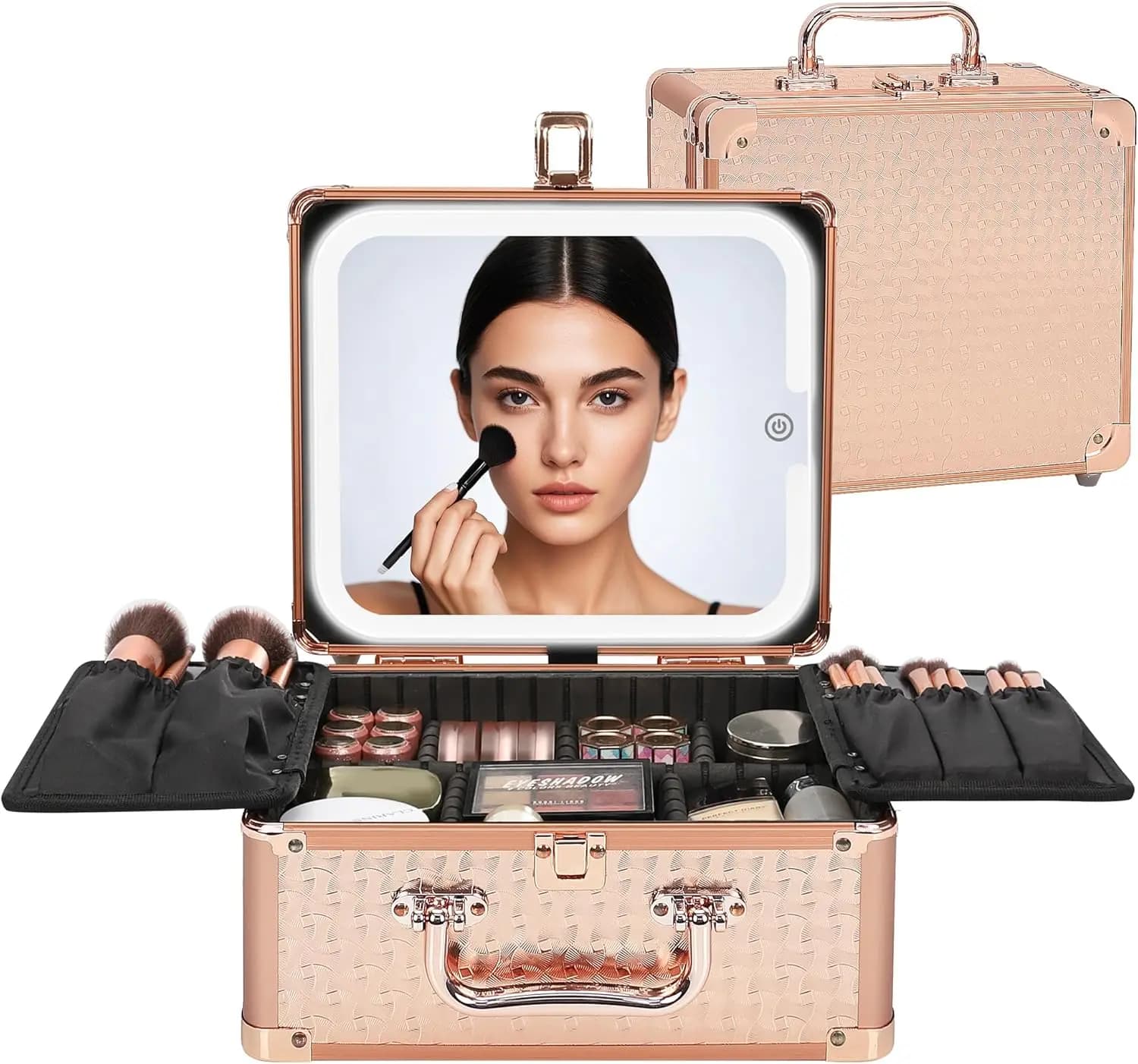 Borsa per il Trucco con Specchio LED e Luce Ricaricabile, Custodia da Viaggio per Cosmetici e Pennelli, Regalo Oro Rosa per Donne