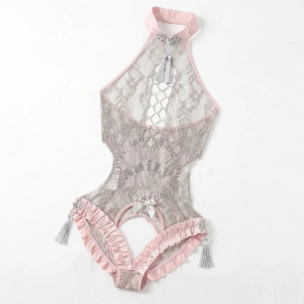 AniLV Body in Rete con Nodo Cinese e Nappe, Lingerie Sexy, Pigiama Provocante, Outfit Erotico, Costumi Cosplay