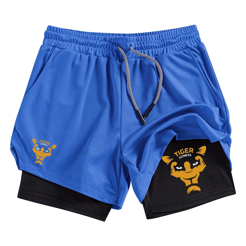 Pantaloncini sportivi da uomo a doppio strato, creativi, con stampa tigre, casual, ad asciugatura rapida, adatti per correre e ciclare