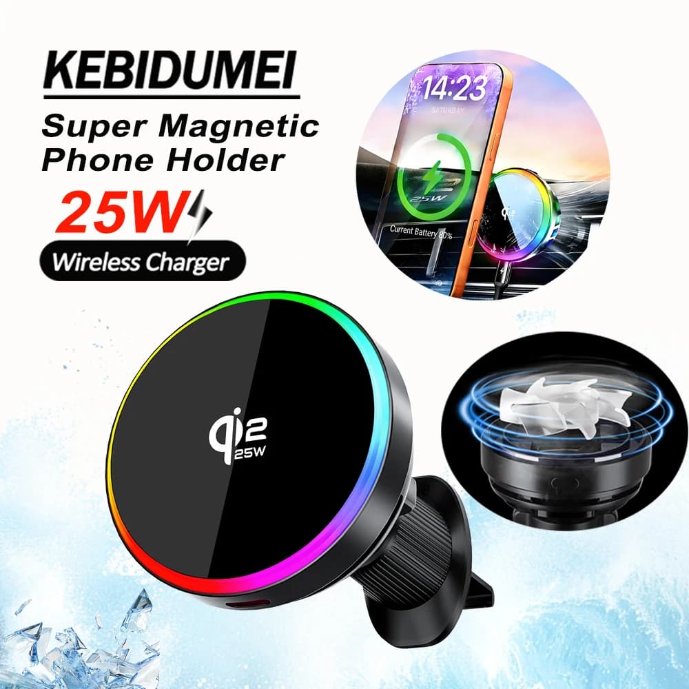25W Magnetic Wireless Charger for Car, Air Box Phone Support with RGB Environmental Light and Cooling Fan for iPhone 15/14 / 13 / 12
