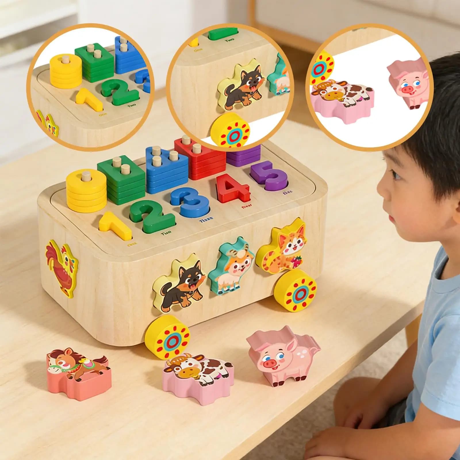 Giocattolo in Legno per Bambini con Perline da Impilare, Sviluppo Cognitivo, Adorabili Blocchi di Costruzione a Forma di Animali e Auto, Gioco Educativo Precoce