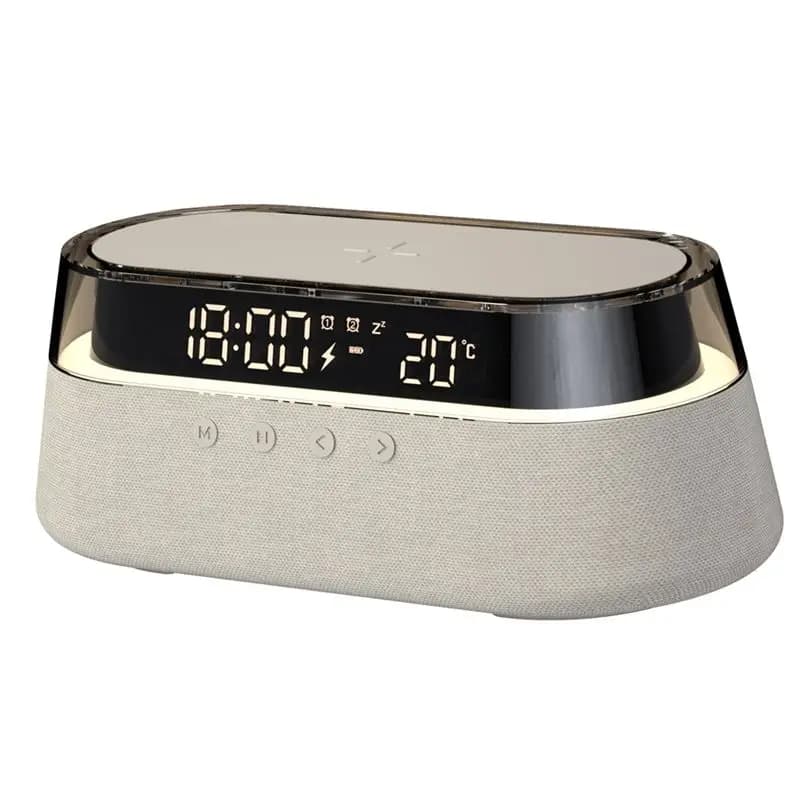Bluetooth Speaker ABAH Stereo with 1800mAh Battery, 15W Wireless Charging Support, Digital Watch Display, Night Light and Desk Lamp