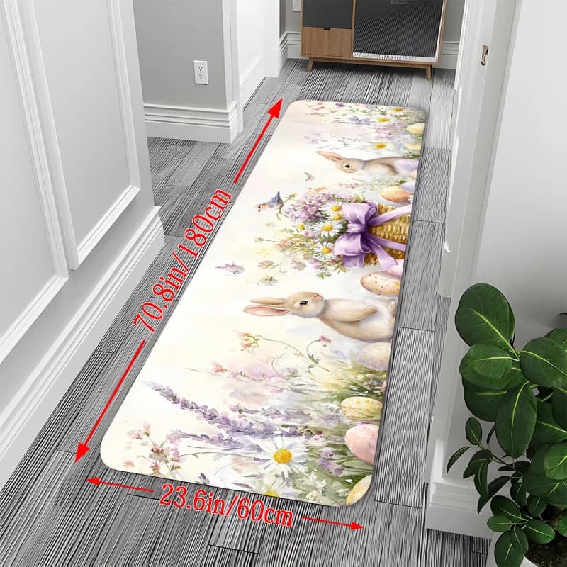 Tappeto Lungo VIKAMA Stile Rurale con Motivo Coniglio e Fiori, Tema Pasquale, per Corridoio e Soggiorno, Resistente all'Usura