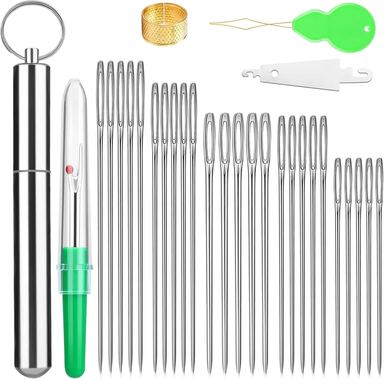 IMAZY 25PCS Aghi da ricamo 5 dimensioni Aghi affilati per cucire a mano con occhi grandi con infilatori per tubi di stoccaggio in alluminio per cucitura