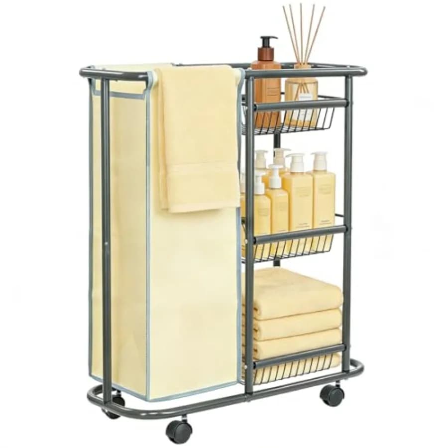 Carrello Portabiancheria Stretto con Ruote, 3 Cesti e Sacco per Bucato da 45L, Carrello Metallico su Ruote per Organizzazione in Spazi Piccoli e Lavanderie