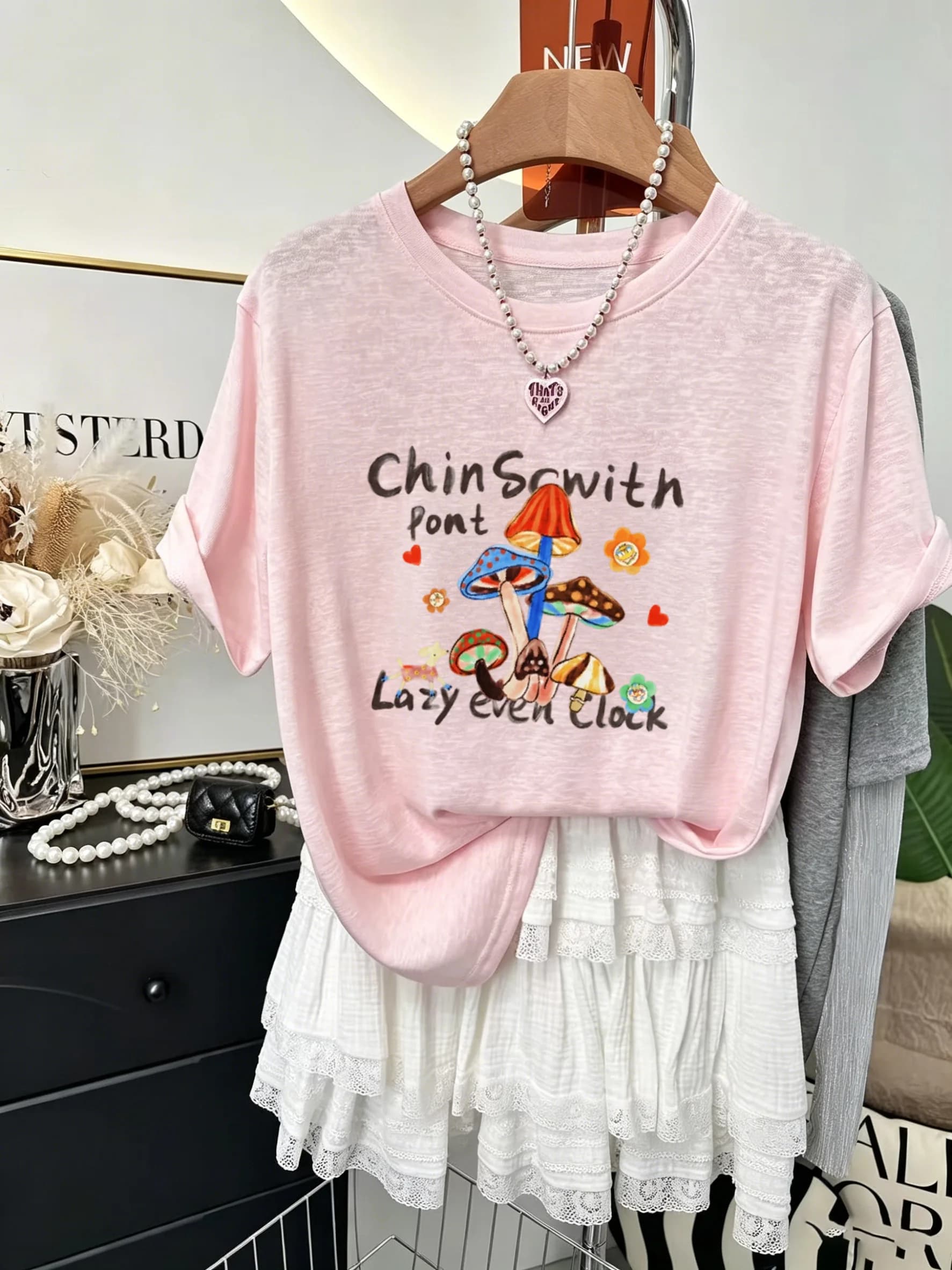 Sweet Girl Summer Thin Pink Lacey Snowflake Cotton Anti-Aging Print Short Sleeve T-Shirt Women Loose Top Casual Style round Neck