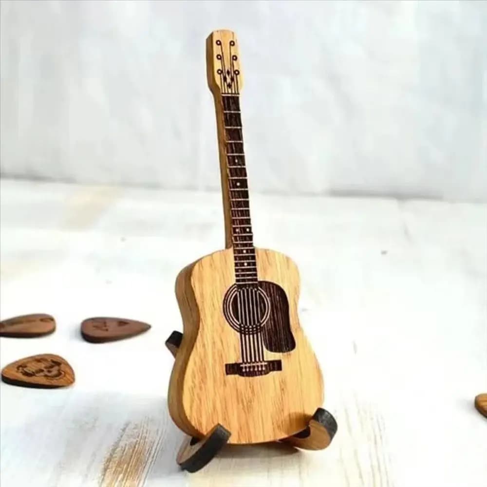 Scatola porta plettri per chitarra in legno, dimensioni portatili, a forma di chitarra, accessorio per chitarra, design mini, porta plettri.