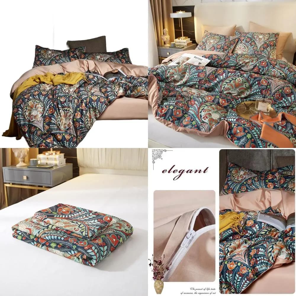 Set Copripiumino King Size Boho Paisley, Set Biancheria da Letto in Cotone Satinato 3 Pezzi con Chiusura a Cerniera
