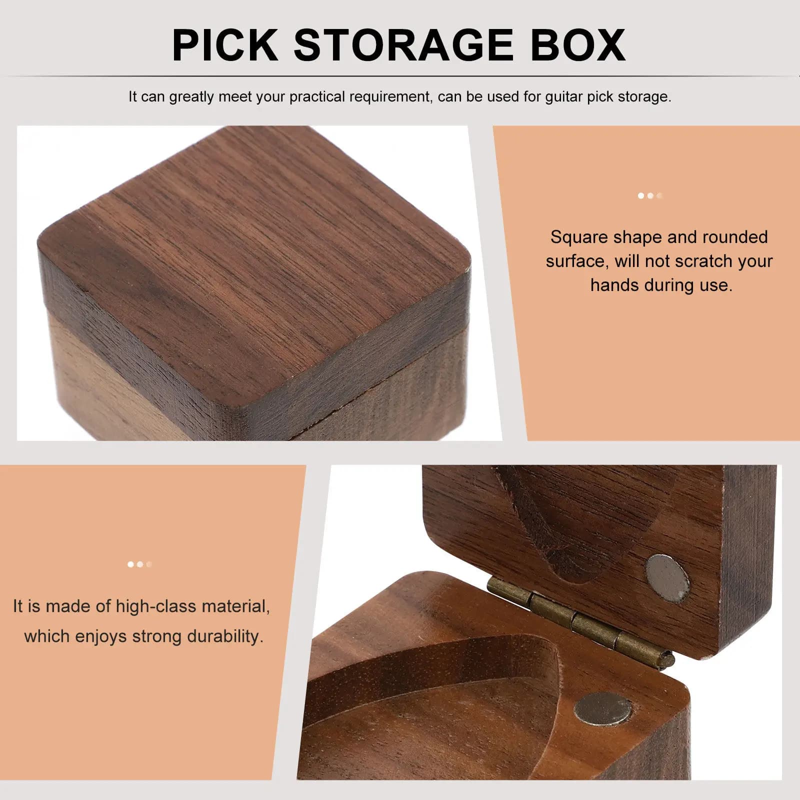 Premium Wooden Guitar Pick Case Square Design Smooth Rounded Edges Texture Lightweight Portable Pick Storage
