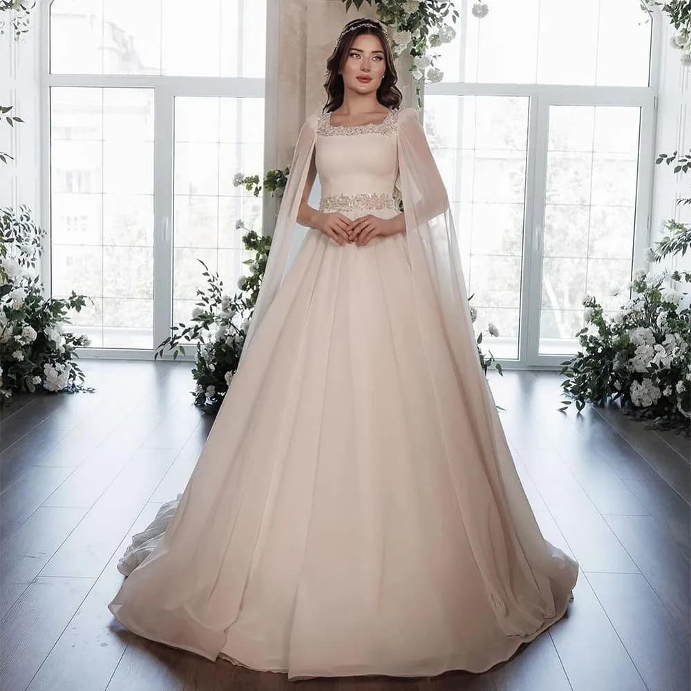 Chiffon Wedding Dresses Long Cape Sleeve Square Neck A-line for Bridal Women Sweep Train Bride Gown vestidos de novia Customized