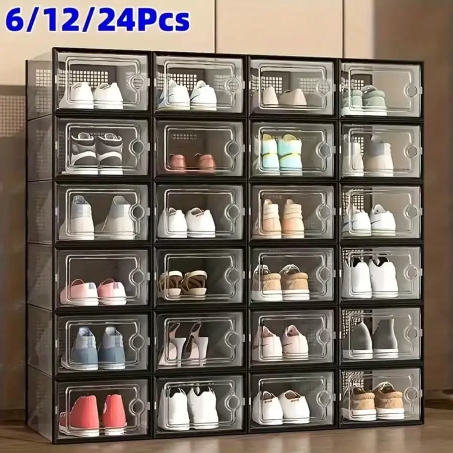 6/12/24pcs Thickened Transparent Shoe Boxes With Lid, Foldable Stackable Free Combination Shoe Rack, Plastic Sneaker Container, Space Saving Storage Organizer For Entryway Bedroom, Home Shoe Box Shoe Racks Shoe Storage Organizer Shelf