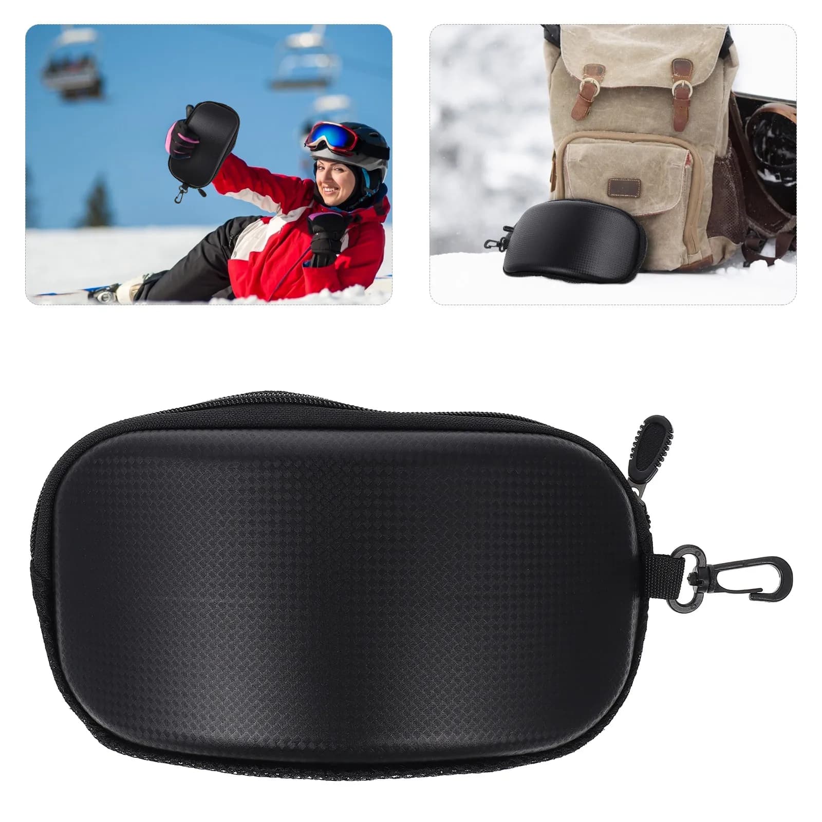 1Pcs Rugged Ski Goggles Box Scratch Resistant Shockproof Crush Proof Zippered Portable Design with Waist Clip Extra