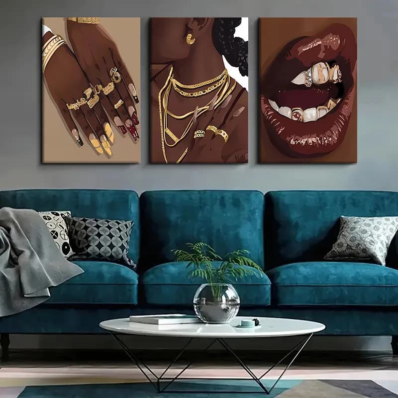 Set di 3 Quadri su Tela con Cornice, Arte Astratta, Decorazione Murale, Donna con Anello e Collana d'Oro, per Appendere in Camera da Letto e Soggiorno