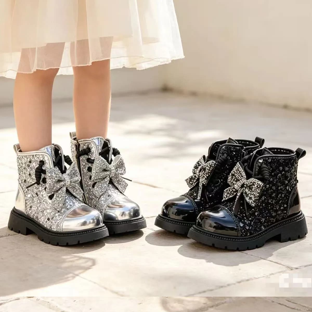 Kids' Boots Solid Color Sequin Bow PU Leather Autumn Shoes For Girls Anti-slip Breathable Thick Bottom Silver Black Size 26-36