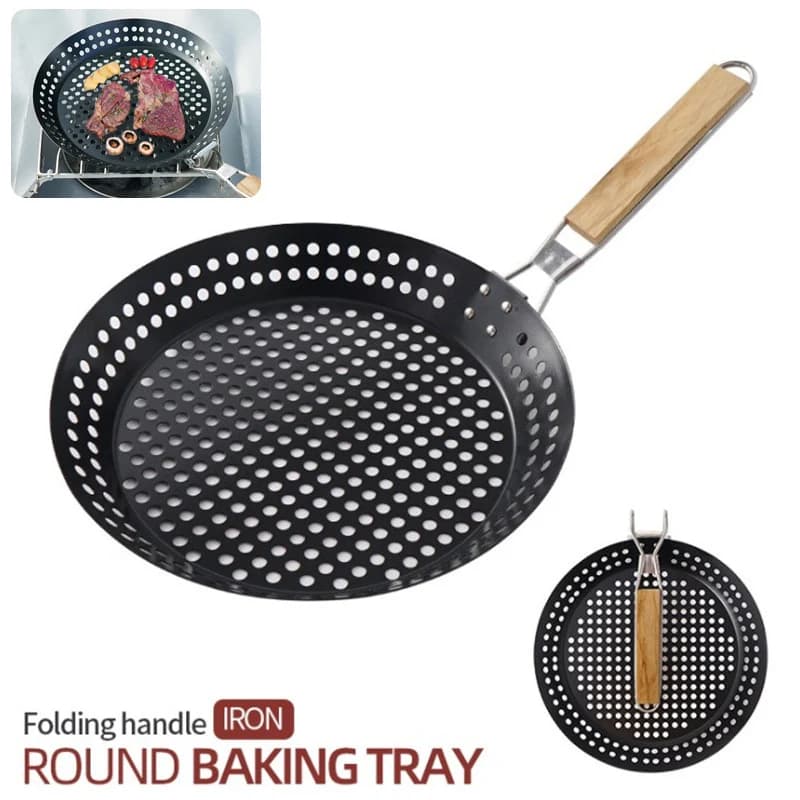 Teglia da forno rotonda scavata per esterni, padella da campeggio portatile per picnic con manico in legno, padella antiaderente per barbecue