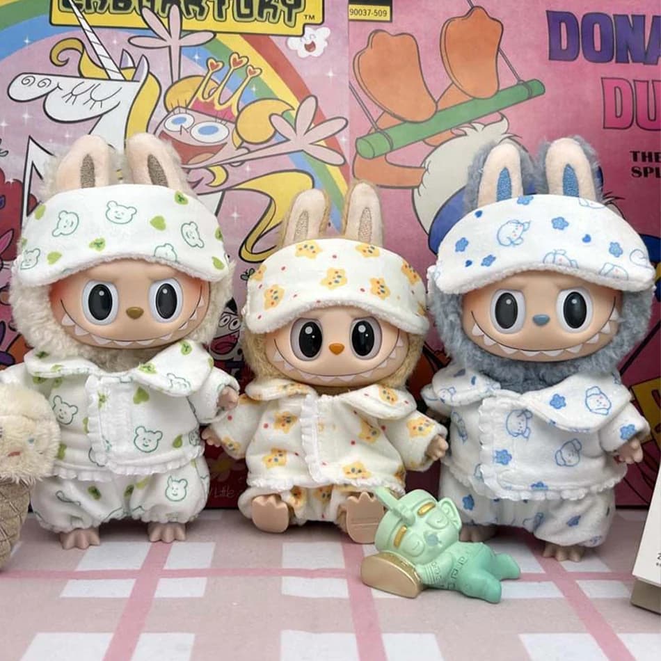 Labububu Mini Pigiama With Mask For Eyes Three Pieces Kawaii 15-17 cm V1 V2 Labubu Dresses Cute Idol Plush Accessories for Kids Gifts