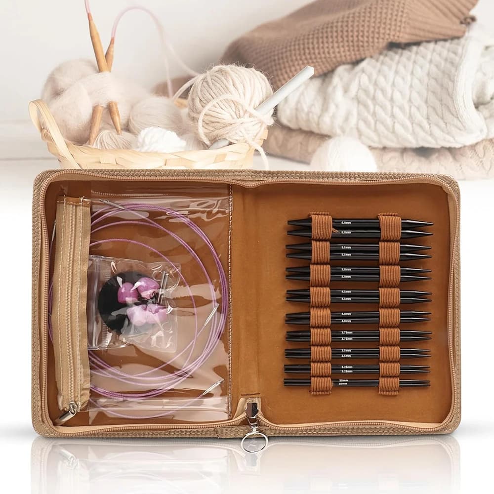 A Set of 31 Knitting Tools, Black Sweater Needles with Replaceable Head, Detachable Circular Needles, 9 Pairs 11.5cm 3.0-6.0mm