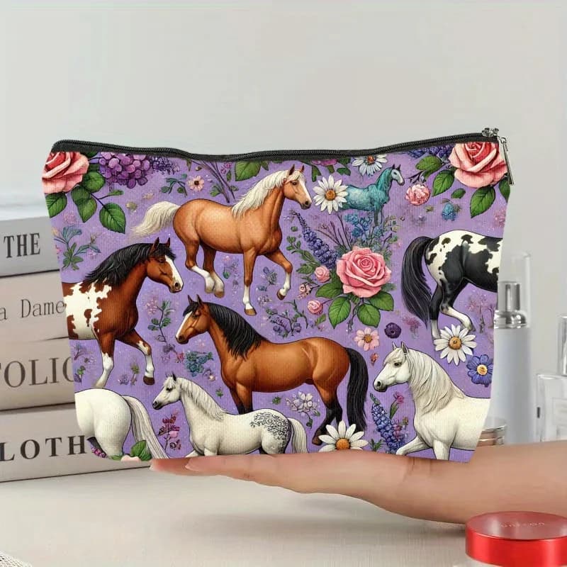 Una bellissima borsa per il trucco con cavalli e fiori: simpatica custodia multifunzionale con cerniera da donna, borsa per riporre gioielli