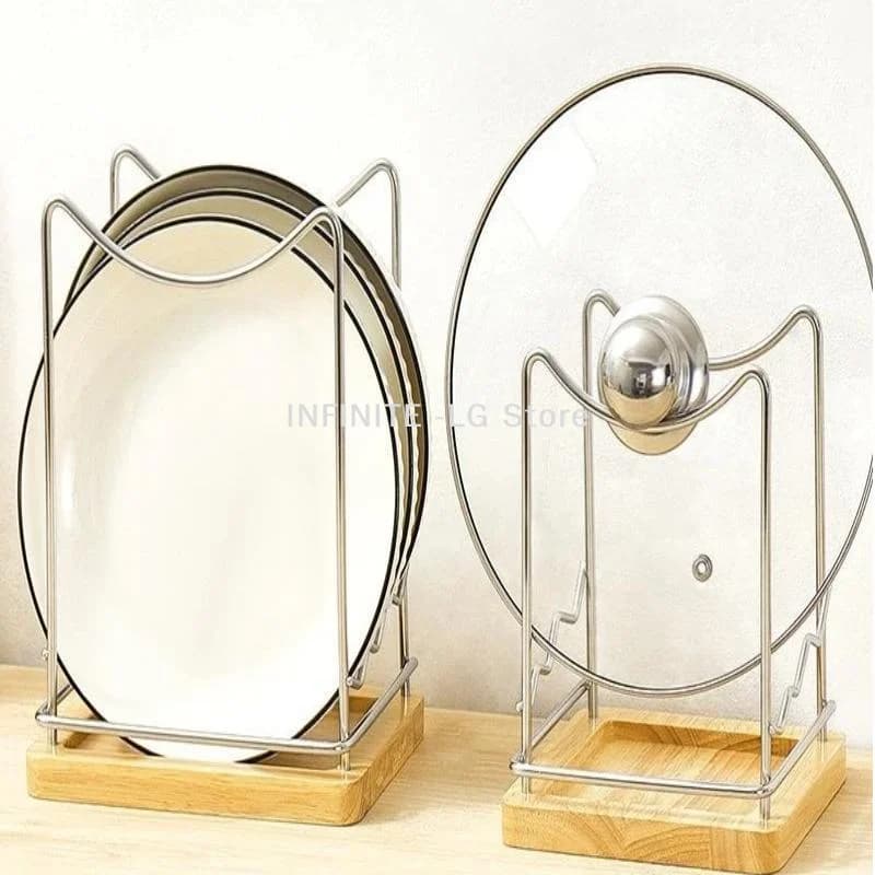 Lid Organizer For Kitchen Counter, Stainless Steel Pot Lid Holder With Wooden Drip Tray, Multi-Slot Cutting Board Plate Storage