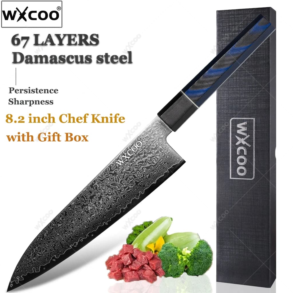 WXCOO Coltello da cuoco da 8,2 pollici Mannaia per carne giapponese 67 strati Coltelli da cucina in acciaio di Damasco VG10 Core Gyuto Coltello Utensili da cucina domestici