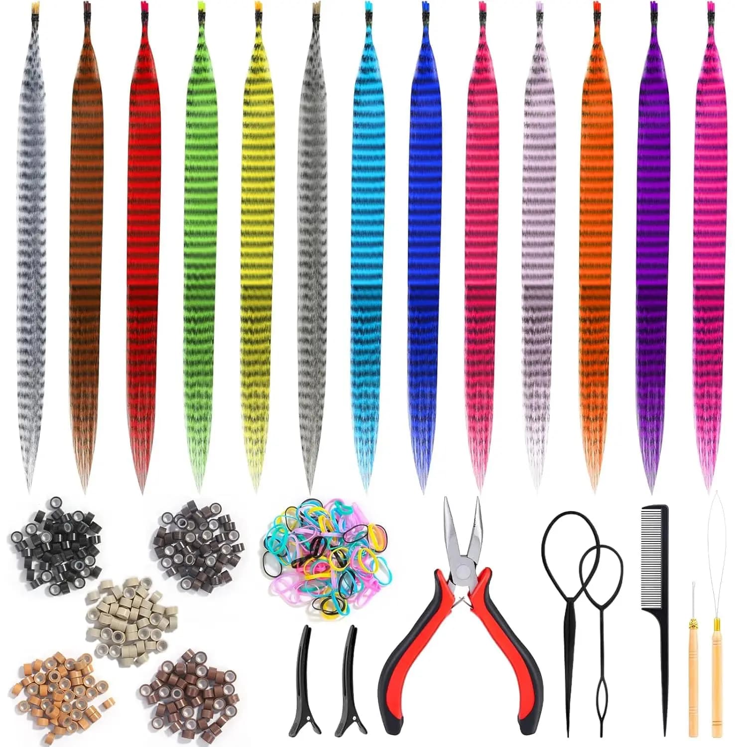 65 pezzi di piume per capelli con strumenti per l'estensione dei capelli, 13 colori con micro perline e uncinetti, piume per capelli per donne e ragazze
