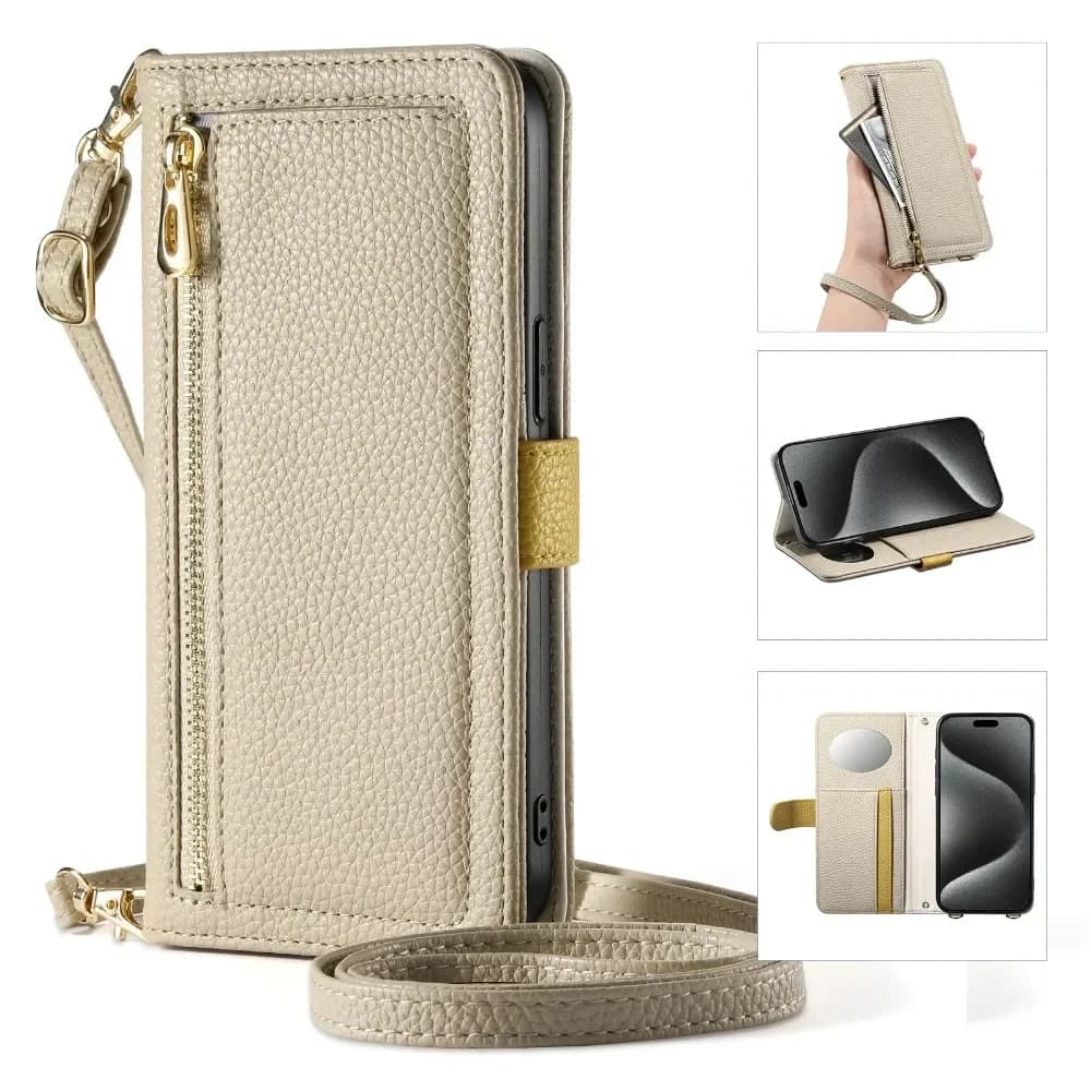 Custodia con cerniera Flip Portafoglio Porta carte a specchio Custodia con cordino a tracolla per iPhone 17 Air 16 15 14 13 12 16e Pro Max Plus Custodia in pelle PU