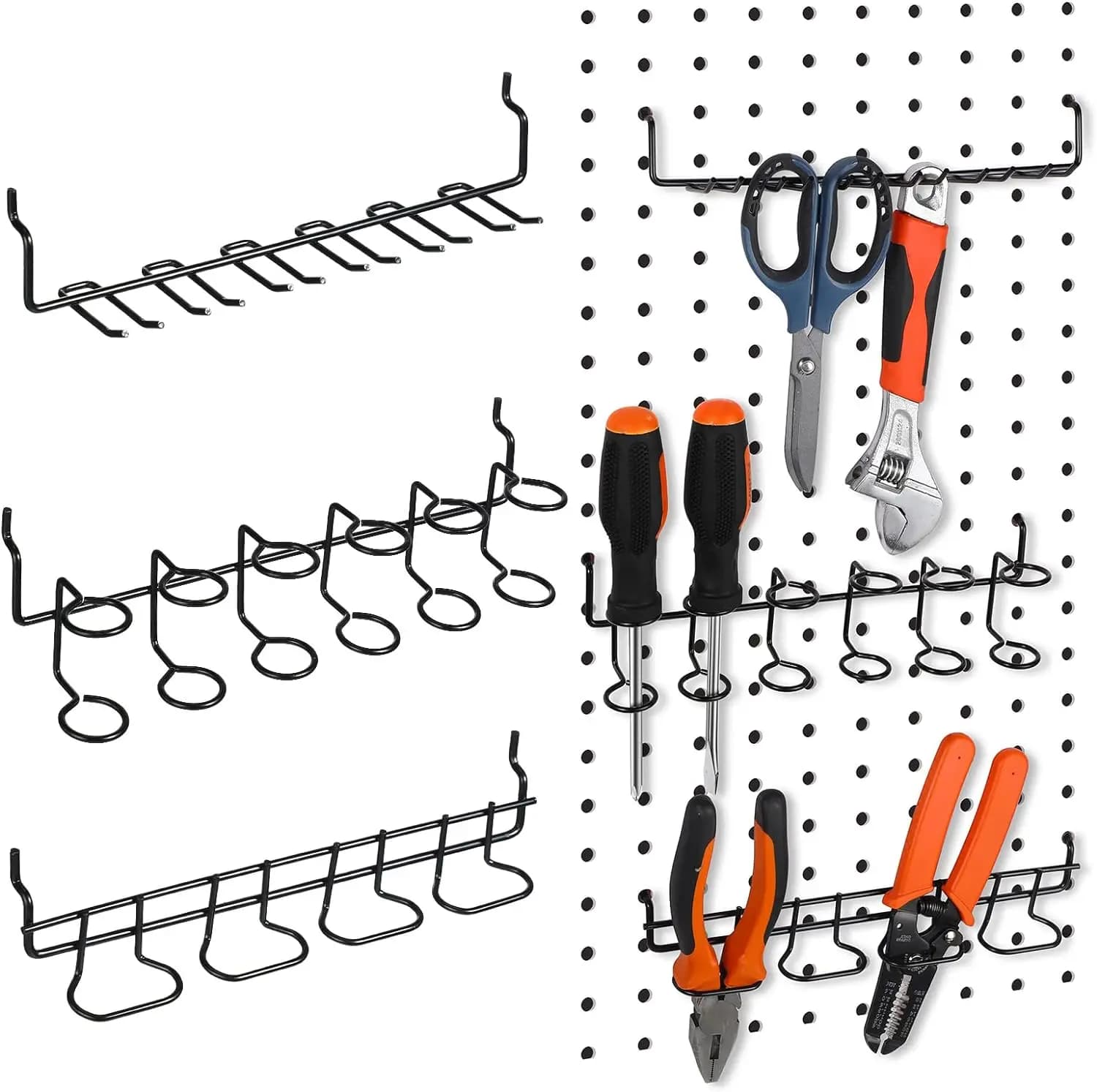 3 piece slats wall tool storage rack, hammer, brush, screwdriver and storage kit for perforated panels