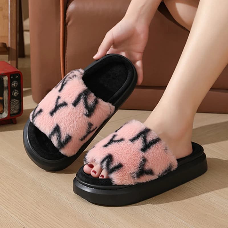 2025 Nuovo Open Toe Soffici Pantofole pelose Donna Autunno Inverno Coperta antiscivolo Piattaforma Presentazioni aziende produttrici giochi Donna Coperta Morbida suola Peluche Pantofola