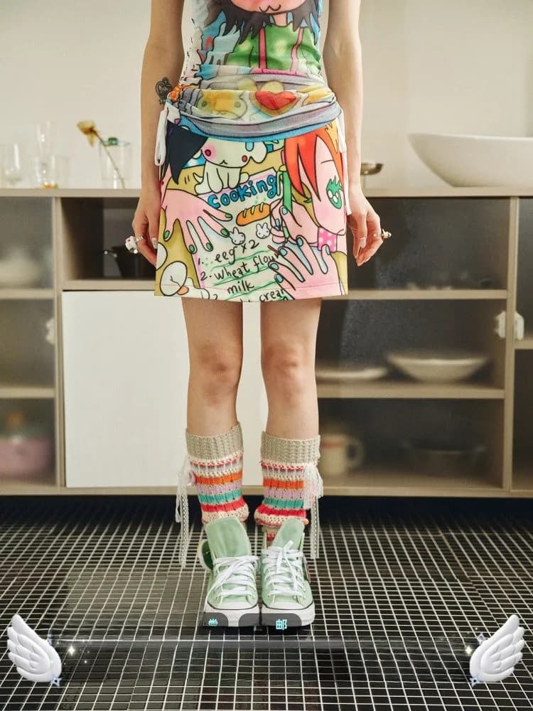 Haveameal X Bird Collaborative Gonna a vita bassa con stampa floreale, linea ad A, design originale, collezione estiva, moda donna