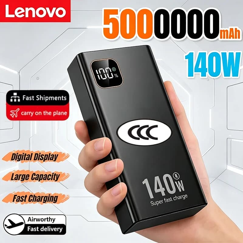Lenovo 2026 140W 500000mAh Ultra Capacity Power Bank Super Fast Charging CCC Portable Charger For IPhone Samsung
