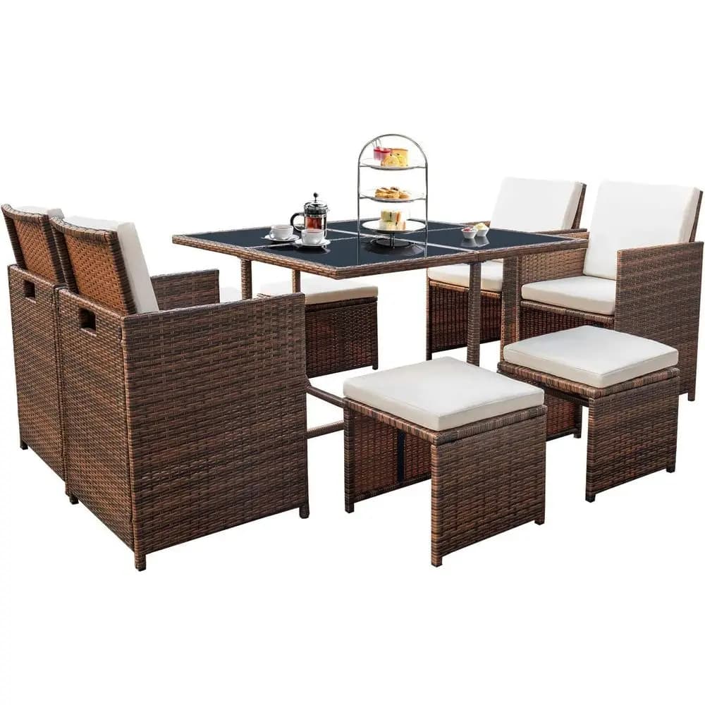 9 Pieces Patio Dining Sets Outdoor Space Saving Rattan Chairs with Glass Table Patio Furniture Sets Cushioned Seating and Back