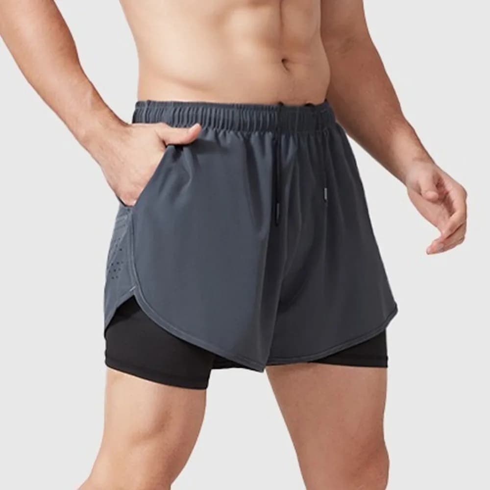 Comfortable 2 in 1 Sports Shorts Quick Dry Reflective Stripe Men's Sportswear with Liner Breathable Cycling Shorts Gym