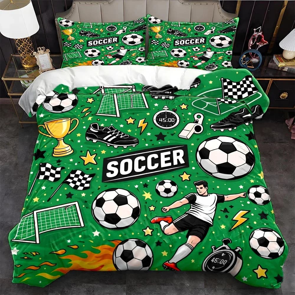 3Pc Football-Themed Duvet Cover Set, Three-Piece Bedding Set (1*Duvet Cover + 2*Pillowcases), Large Double Bed Cover Set, Suitable for All Seasons, Machine Washable, Invisible Zipper Design, Suitable for Home, Dormitory, Master Bedroom, Guest Room, Football Elements Printed, Includes Football Goal, Soccer Shoes, Trophy Designs, Energetic Sports-Style Bedding, Creating a Dedicated Sleeping Space for Football Fans, 2D Flat Print