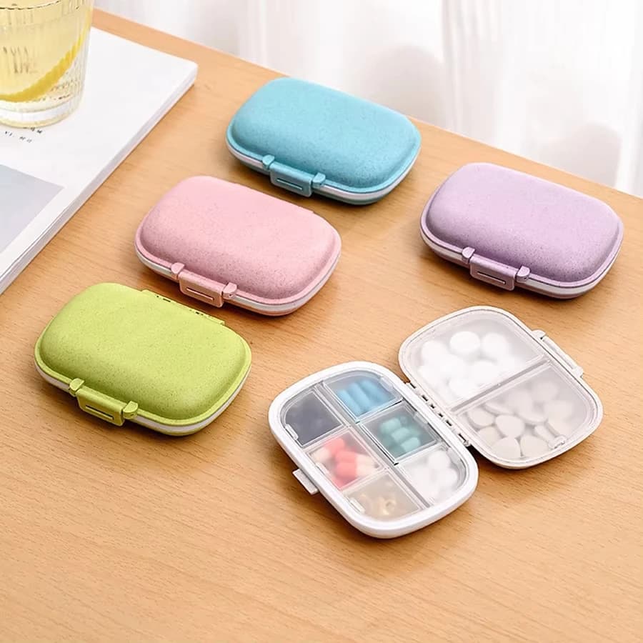 8 compartments green wheat straw wallet, portable organizer for pills, waterproof, travel, vitamins and supplements