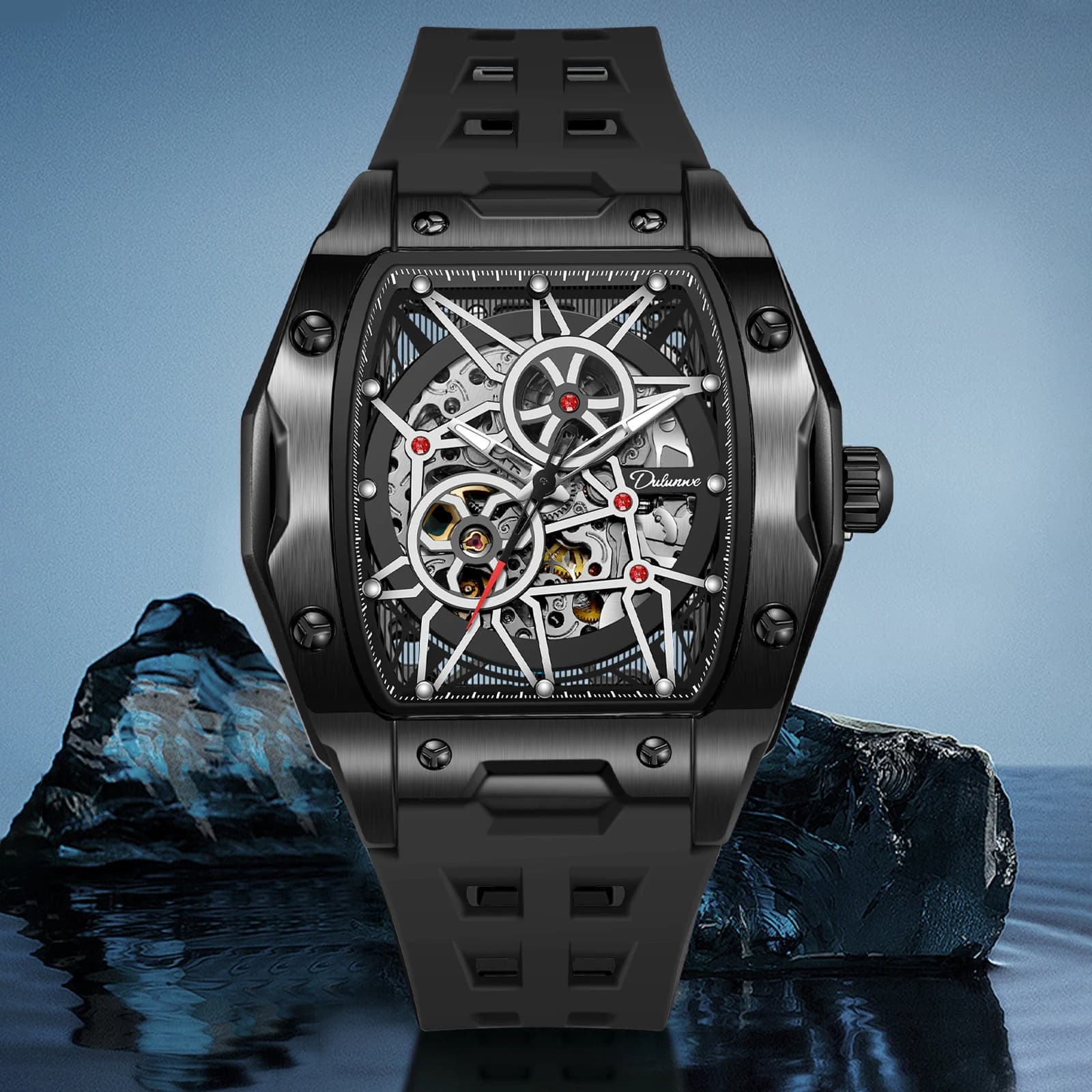 Dlunwe Tonneau Orologio automatico da uomo, orologio da polso meccanico cavo luminoso 30M impermeabile casual business marca botte di vino