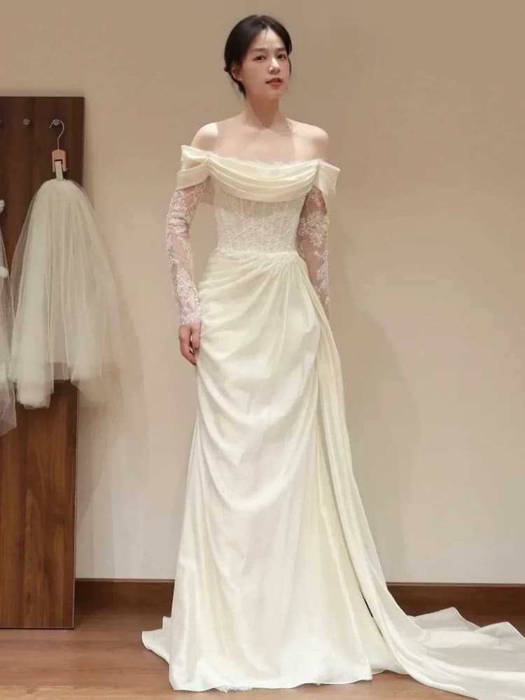 Abito da sposa monospalla in raso per la sposa 2025, nuovo modello per cerimonia, stile coreano, gonna lunga a vita alta
