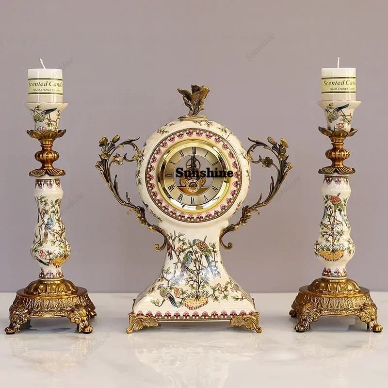 European Style Retro Living Room Porch Decoration Ornaments Candle Holder Model Room Alloy Ceramic Seat Clock Candle Table