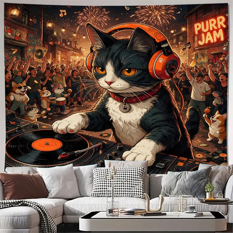 Vibrant Pop Culture Cat Music Mural Tapestry Curtain Drapes Home Decor Living Room Retro Jazz Funky Art Print Wall Hanging