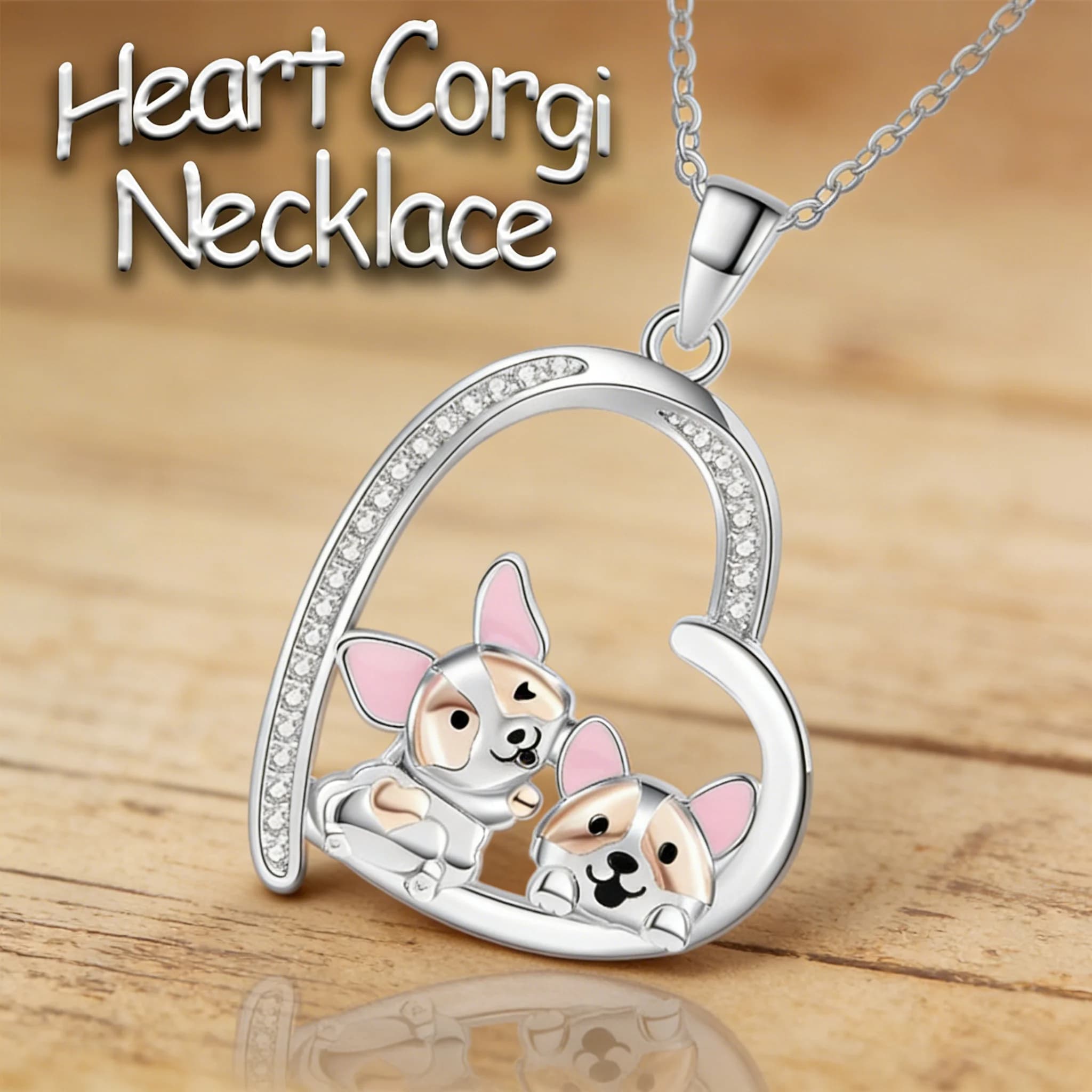 Necklace with Heart in Zinc Alloy with Two Corges, Transparent Strass and Smalt, Gift for Dog Lovers, for Women Owners of Corgi
