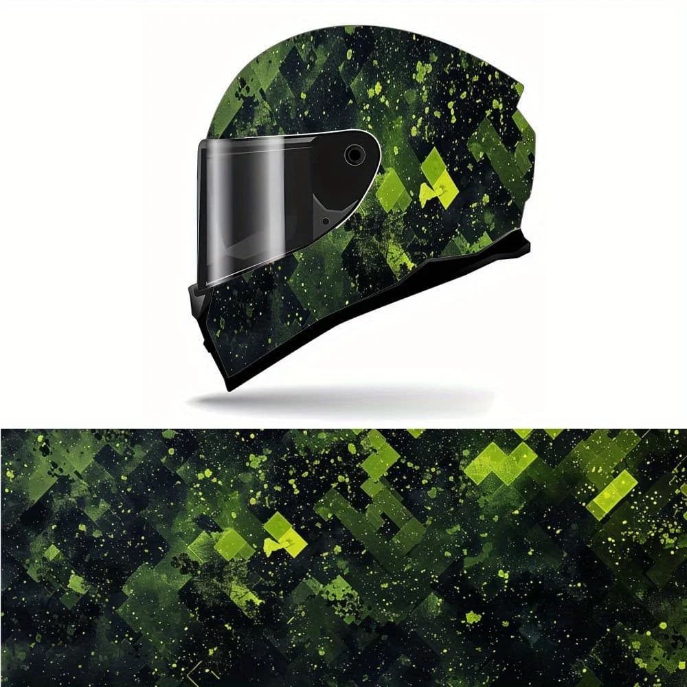 Neon green sketches on vinyl casing for black helmet, waterproof removable decals for motorcycle helmets, universal scratch-resistant
