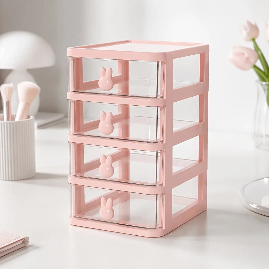 Four-layer pink desktop drawer storage box with cute rabbit ear handles, transparent plastic lockers, suitable for office stationery, lipstick and desktop trinkets