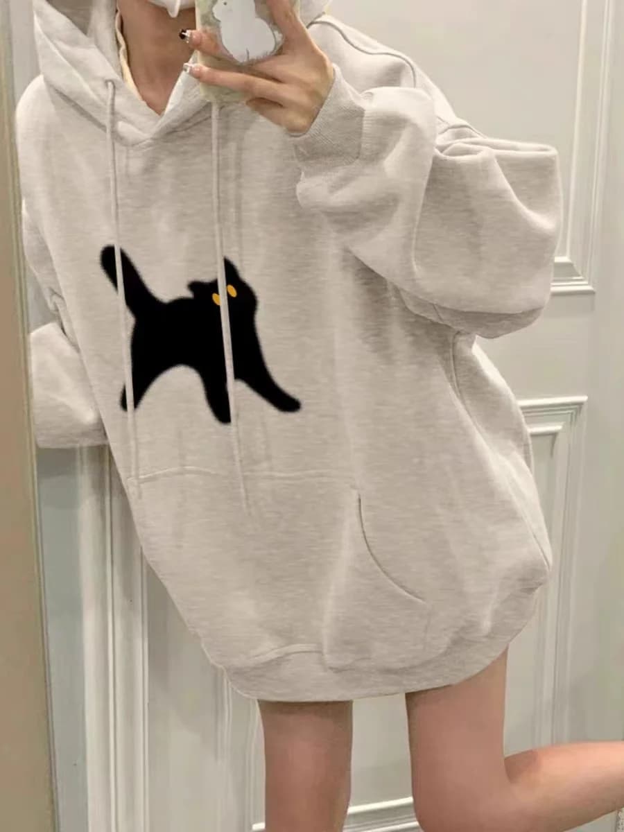 Cartoon Grey Hoodie Women's Spring Autumn Winter Lazy Style Loose Design Sense Fleece Lined Hooded Overhead Shirt