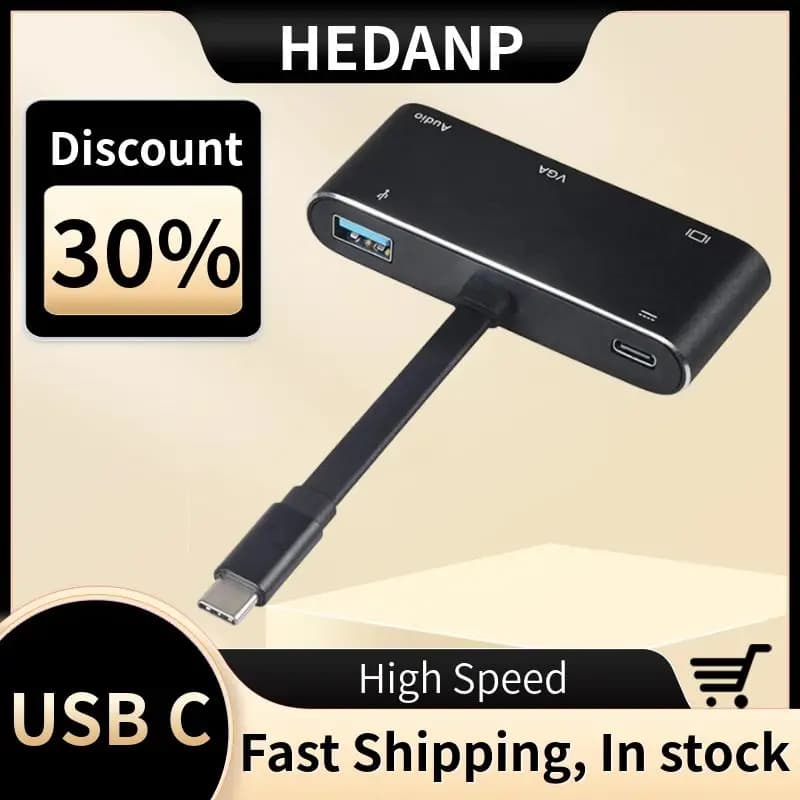 5 in 1 USB Type-C To VGA Adapter USB C Hub to USB3.0 USBC Chargin Docking Station Compatible with MacBook iPad Huawei Computers